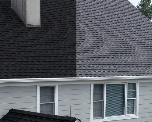 Example of new roof with light shingles and dark shingles
